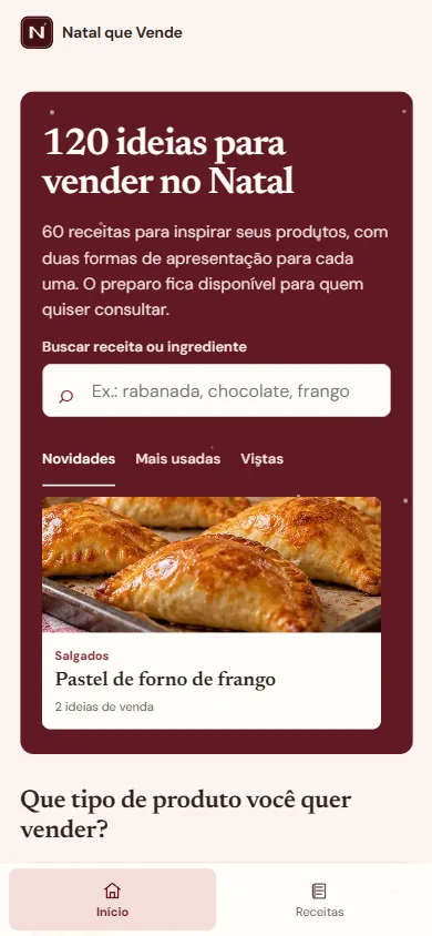 Tela inicial real do aplicativo Natal que Vende com busca e uma ideia em destaque