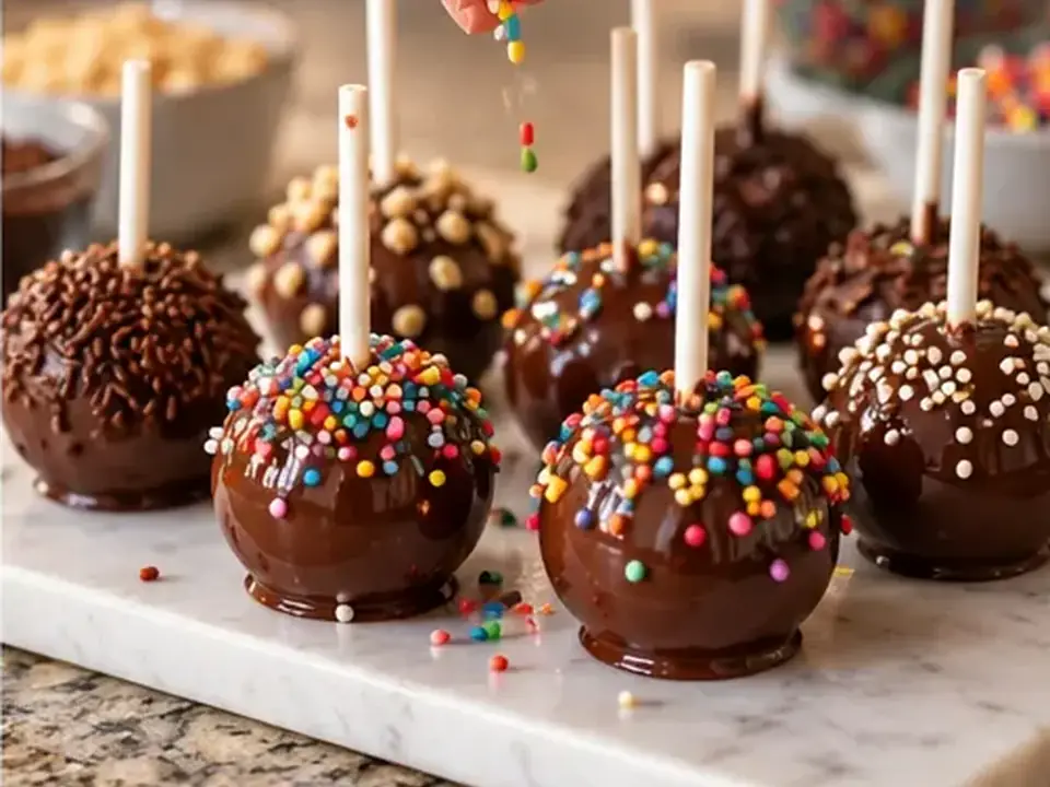 Bolinhos no palito com cobertura de chocolate