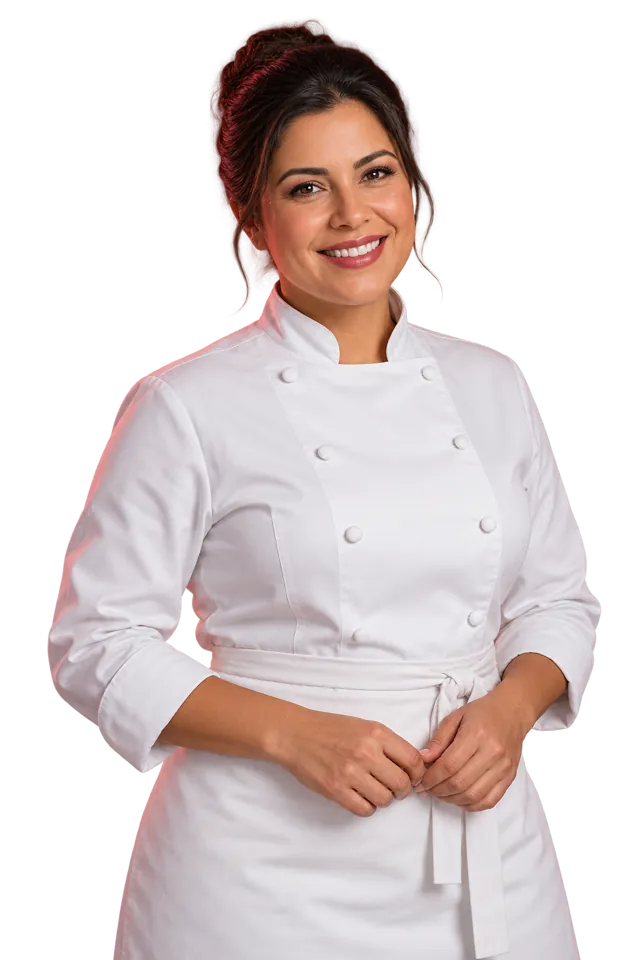 Cozinheira ilustrativa sorrindo, vestida de branco