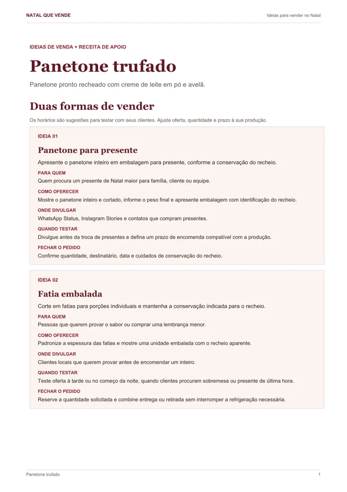 Primeira página real do PDF de panetone trufado com opções de venda